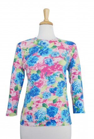 Shades of Blue and Pink Floral 3/4 Sleeve  Cotton Top 