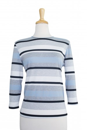 Light Blue, Ivory and Grey Striped 3/4 Sleeve  Cotton Top 