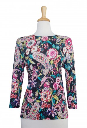 Plus Size Black and Multi Color Floral 3/4 Sleeve  Cotton Top 