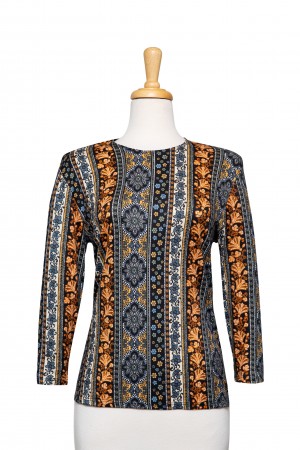 Plus Size Gold, Grey and Blue Floral and Emblems Display Cotton 3/4 Sleeve Top 