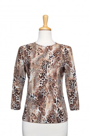 Plus Size Mocha, Black and Ivory Leopard Print Cotton 3/4 Sleeve Top 