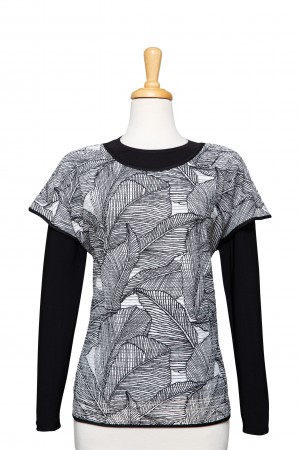 Plus Size White and Black Tropical Leaves Short Sleeve, With Black Long Sleeve Microfiber Top