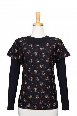 Black and Pumpkin Mini Floral Short Sleeve With Black Long Sleeve Microfiber Top