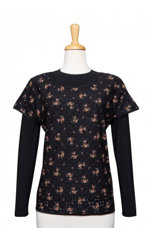 Plus Size Black and Pumpkin Mini Floral Short Sleeve, With Black Long Sleeve Microfiber Top