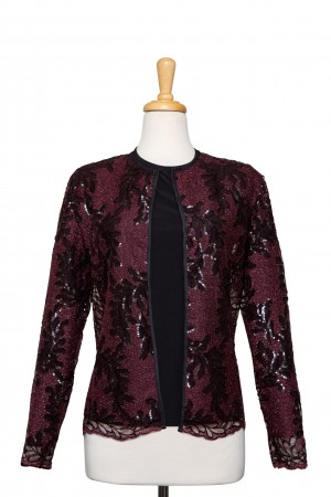 Two Piece Burgundy and Black Floral Sequins Lace Jacket With Black Microfiber Long Sleeve Top