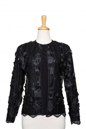 Two Piece Black 3D Floral Sequins Lace Jacket With Black Microfiber Long Sleeve Top