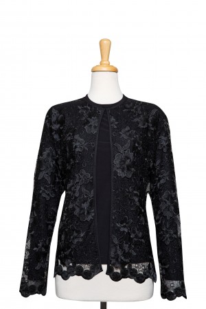 Plus Size Two Piece Thin Black Embroidered Floral Lace Jacket With Black Long Sleeve Top