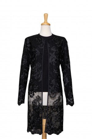 Two Piece Thin Black Embroidered Floral 3/4 Length Lace Jacket With Black Long Sleeve Top