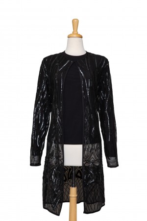 Two Piece Black Sequined Patterns 3/4 Length Lace Jacket With Black Long Sleeve Top