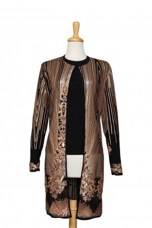 Two Piece Matte Gold Sequined Border Pattern 3/4 Length Lace Jacket With Black Long Sleeve Top