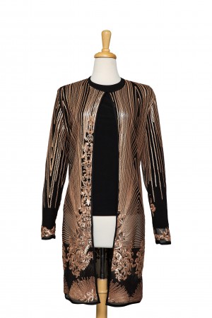 Two Piece Matte Gold Sequined Border Pattern 3/4 Length Lace Jacket With Black Long Sleeve Top