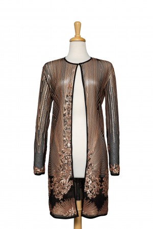 Plus Size Matte Gold Sequined Border Pattern 3/4 Length Lace Jacket 