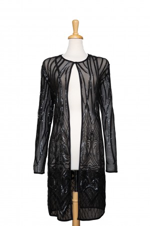 Plus Size Black Sequined Patterns 3/4 Length Lace Jacket 