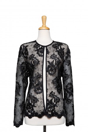 Plus Size Thin Black Floral Embroidered Lace Jacket 