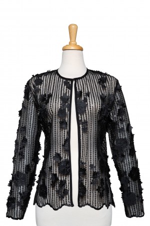 Plus Size Black 3D Floral Sequins Lace Jacket 