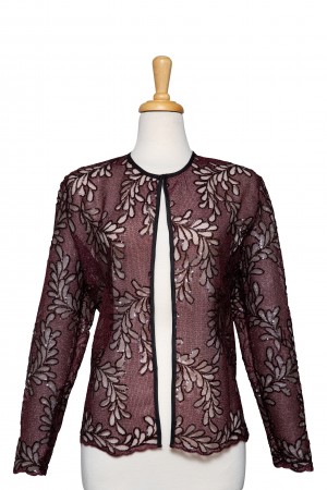 Plus Size Burgundy and Black Floral Sequins Lace Jacket 