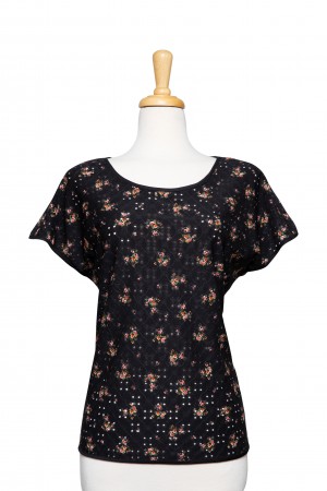 Black and Pumpkin Mini Floral Short Sleeve Top