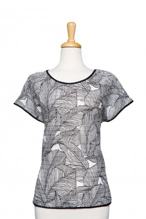 Plus Size White And Black Tropical Leaves Short Sleeve Top