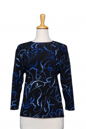 Black and Shades of Blue Ribbon Microfiber 3/4 Sleeve Top 