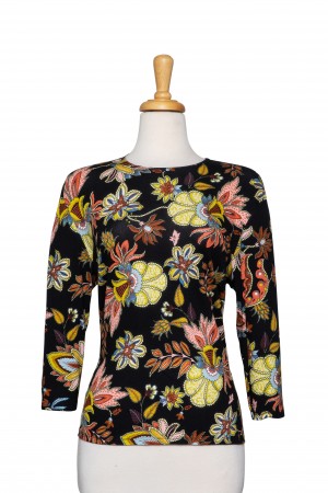 Multi Color Art Deco Floral Cotton 3/4 Sleeve Top 
