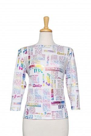 White and Multi Metallic Newspaper Cotton 3/4 Sleeve Top 