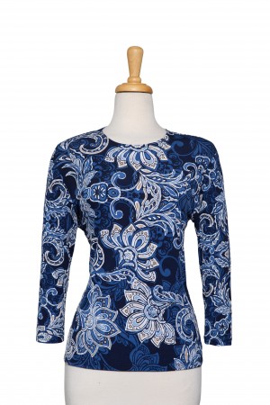 Plus Size Shades of Blue and White Wildflowers Textured Print Microfiber 3/4 Sleeve Top 