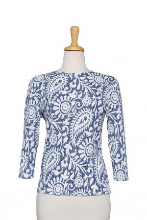 Blue and White Paisley Lace Textured Print Microfiber 3/4 Sleeve Top 