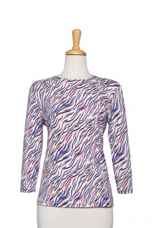 White, Smoked Blue and Pink Waves Cotton 3/4 Sleeve Top 