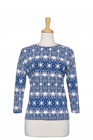 Plus Size Blue, White and Black Display of Emblems Textured Print Microfiber 3/4 Sleeve Top 