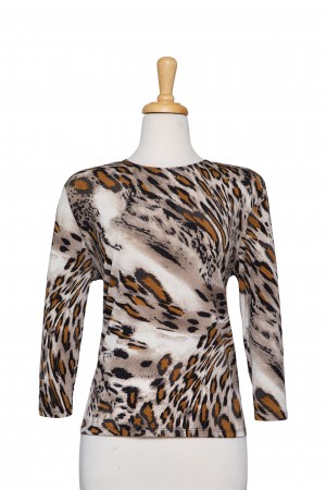 Tan, Taupe and Ivory Animal Print Microfiber 3/4 Sleeve Top 