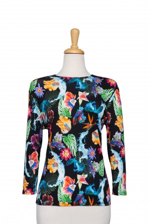 Black and Multi Color Sea World  Cotton 3/4 Sleeve Top 