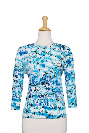 Plus Size Turquoise, Blue and White Paintbrush Textured Print Microfiber 3/4 Sleeve Top 