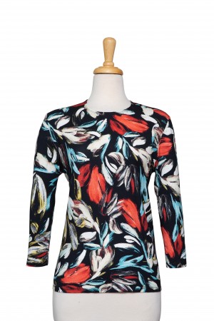 Poppy, Blue, and Black Floral Cotton 3/4 Sleeve Top 