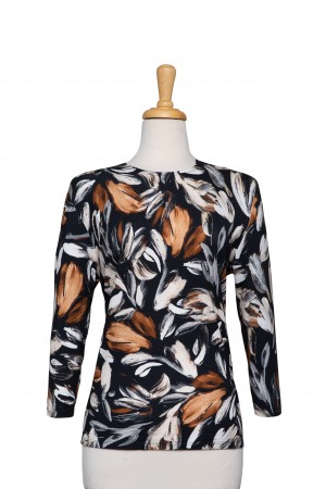 Brown, Grey and Black Floral Cotton 3/4 Sleeve Top 