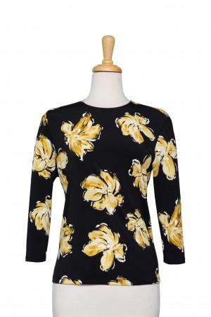Plus Size Black, Yellow and White Floral  Textured Print Microfiber 3/4 Sleeve Top 
