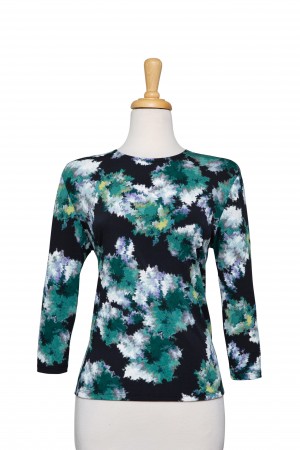 Shades of Green, Black and White Muted Floral Textured Print Microfiber 3/4 Sleeve Top 