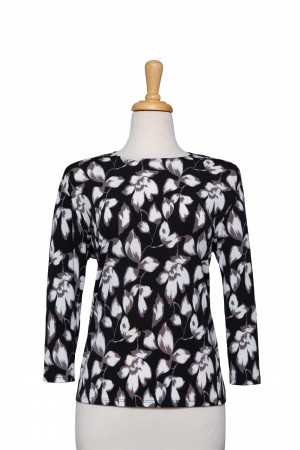 Plus Size Black, White and Grey Floral Microfiber 3/4 Sleeve Top 