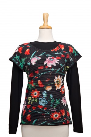 Black Multi Floral Pleated Short Sleeve Top With Long Sleeve Microfiber Top