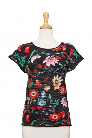 Black Multi Color Floral Pleated Short Sleeve Top