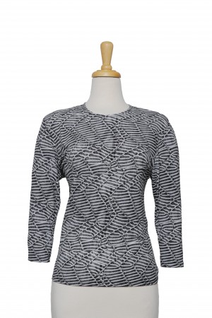 Charcoal and White Abstract Zig Zag Textured Microfiber 3/4 Sleeve Top 