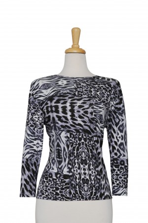 Black, Grey and White Abstract Leopard Print Cotton 3/4 Sleeve Top 