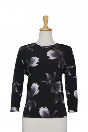 Black, Grey and White Floral Microfiber 3/4 Sleeve Top 