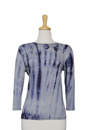Plus Size Shades of Blue Tie Dye Cotton 3/4 Sleeve Top 