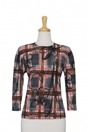 Black, Brown, Coral Plaid and Floral Abstract Microfiber 3/4 Sleeve Top 