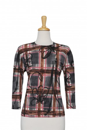 Plus Size Black, Brown, Coral Plaid and Floral Abstract Microfiber 3/4 Sleeve Top 