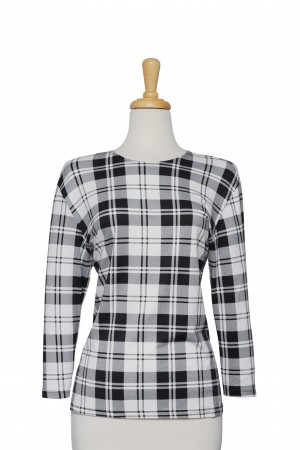Plus Size Black and White Plaid Cotton 3/4 Sleeve Top 
