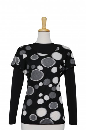 Plus Size Black, Grey, and Ivory Circle Patches Short Sleeve, With Black Long Sleeve Microfiber Top