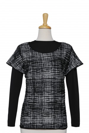 Plus Size Black and Off White Crinkled Waves Short Sleeve, With Black Long Sleeve Microfiber Top