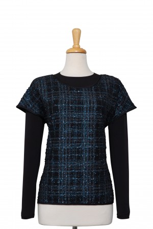 Blue and Black Metallic Knit Front, Solid Black Ponte Knit Back, Short Sleeve With Black Long Sleeve Microfiber Top