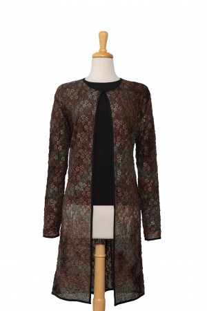 Plus Size Two Piece Bronze and Sage Soft Lace 3/4 Length Jacket With Black Long Sleeve Top